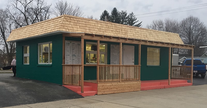 Custom-built cedar overhang, new porch and railing — Findlay, Ohio