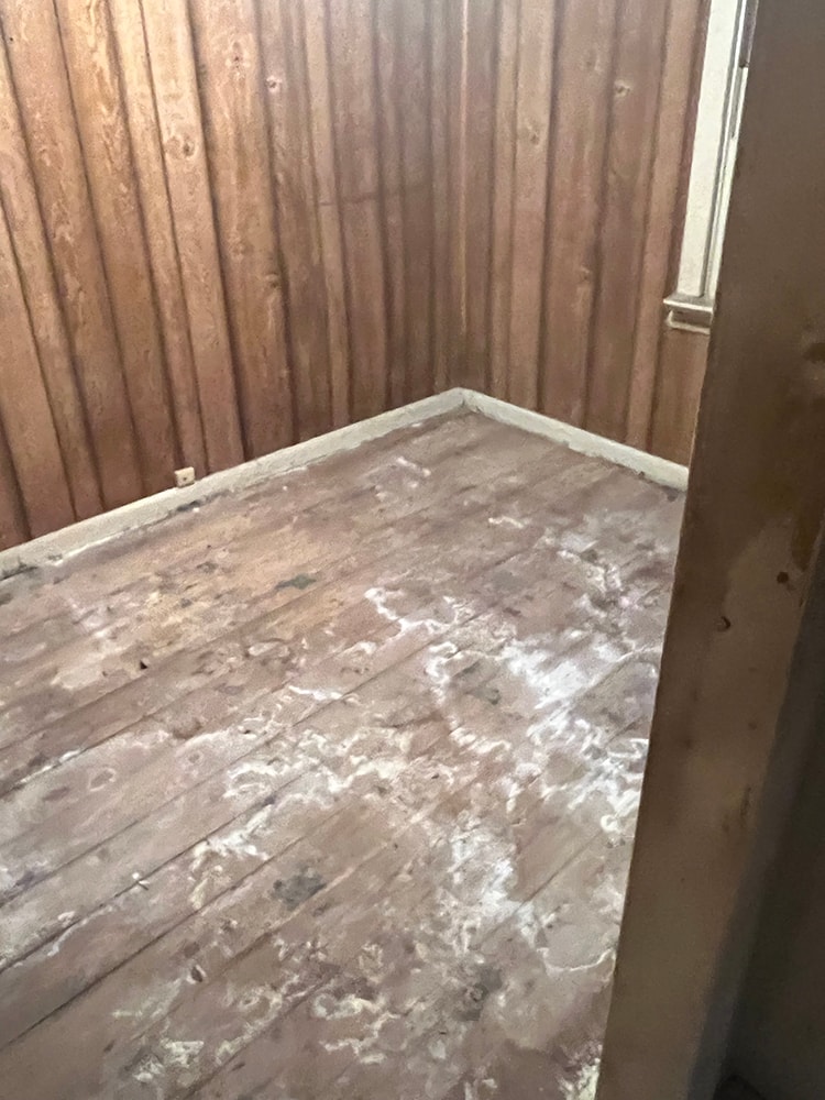Rental home remodel before — small room with wood paneling and heavily worn wood flooring, Findlay, Ohio