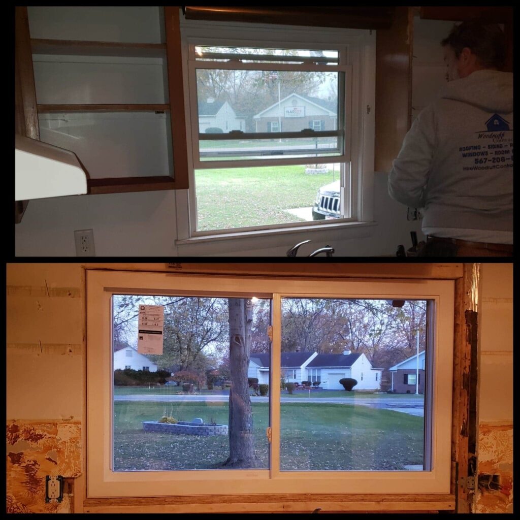 Stone siding Findlay — during: interior collage showing Woodruff Contracting crew member installing new kitchen window from inside, top and bottom views of new window set in rough opening, Findlay, Ohio